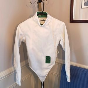 Child fencing gears. Jacket, mask, right hand glove